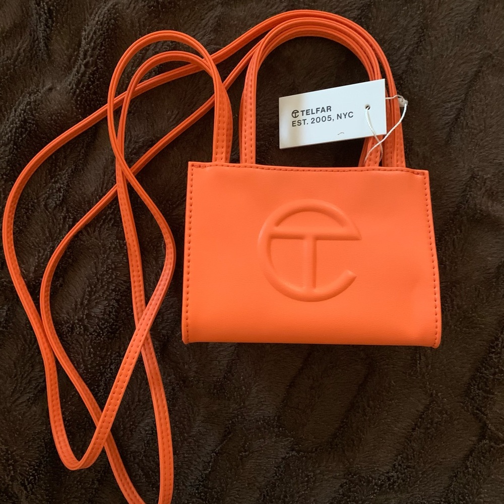 Brand new orange Telfar small shopping bag with tags.